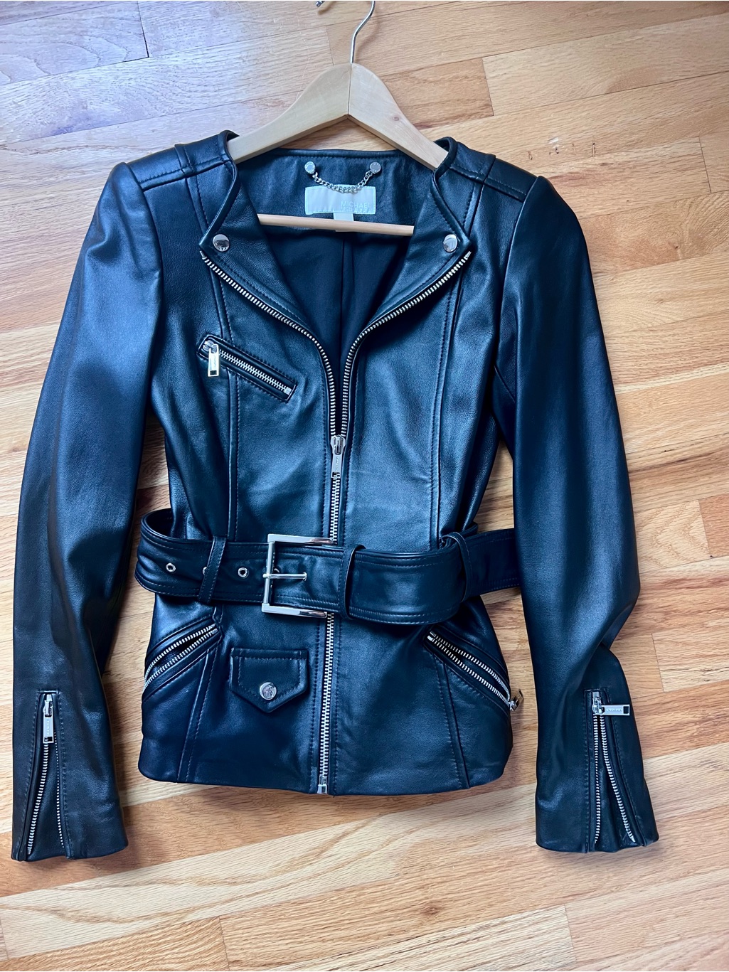 Black Lambskin Leather Belted Moto Jacket - Women's